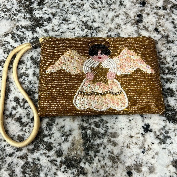 Vintage Angel Purse Beaded Ermo Wristlet Bag Coin Gold Christmas Holiday - Picture 1 of 9